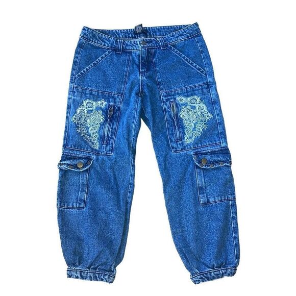 Y2K Size 2 Venus Cropped Utility Denim Jean Cargos 100% Cotton Embroidery Detail - Picture 2 of 8